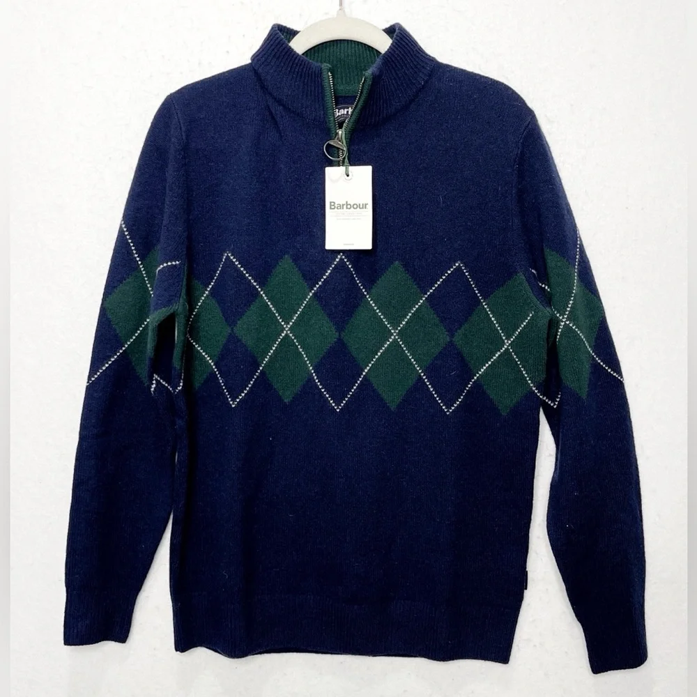 Barbour Hatfield Argyle 100% Wool Half Zip Knitted Sweater Jumper Navy Medium - Picture 4 of 11